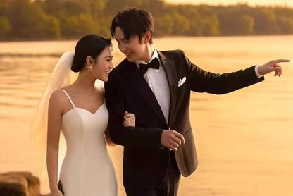 Spaghetti Strap V-Neck Plain Sheath Wedding Gown