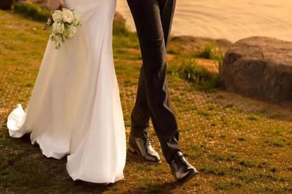 Spaghetti Strap V-Neck Plain Sheath Wedding Gown