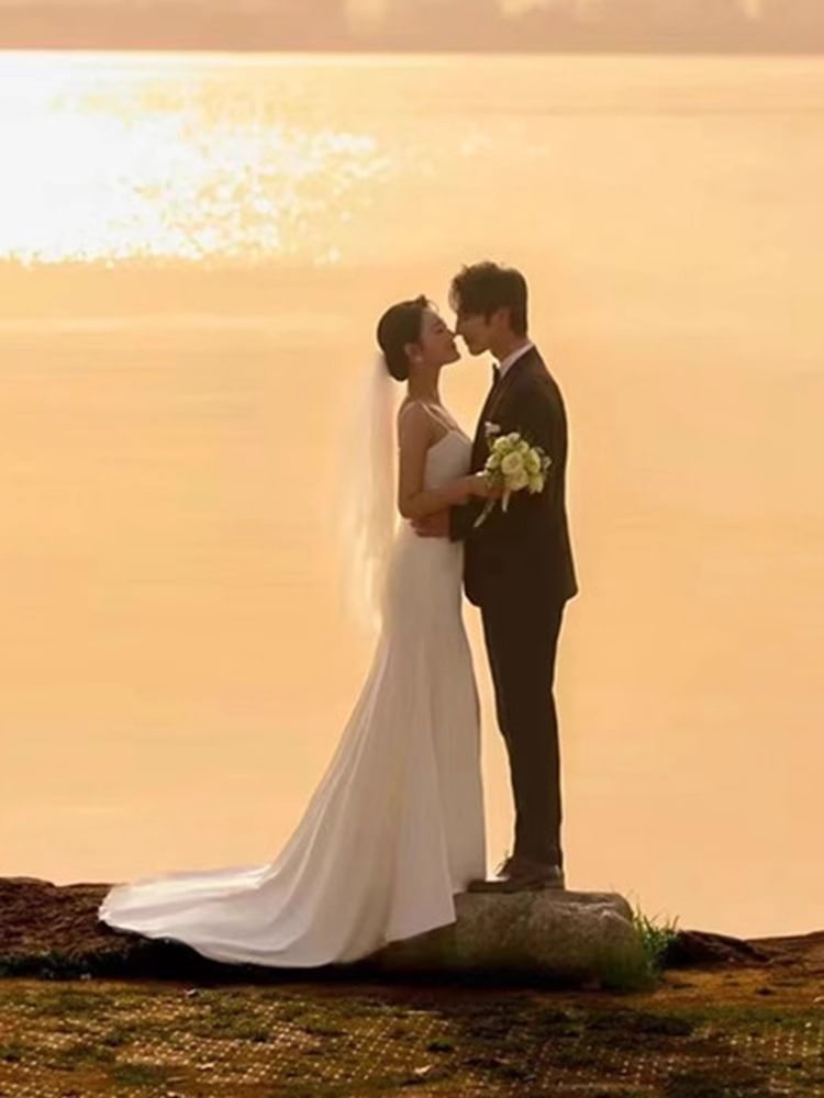 Spaghetti Strap V-Neck Plain Sheath Wedding Gown