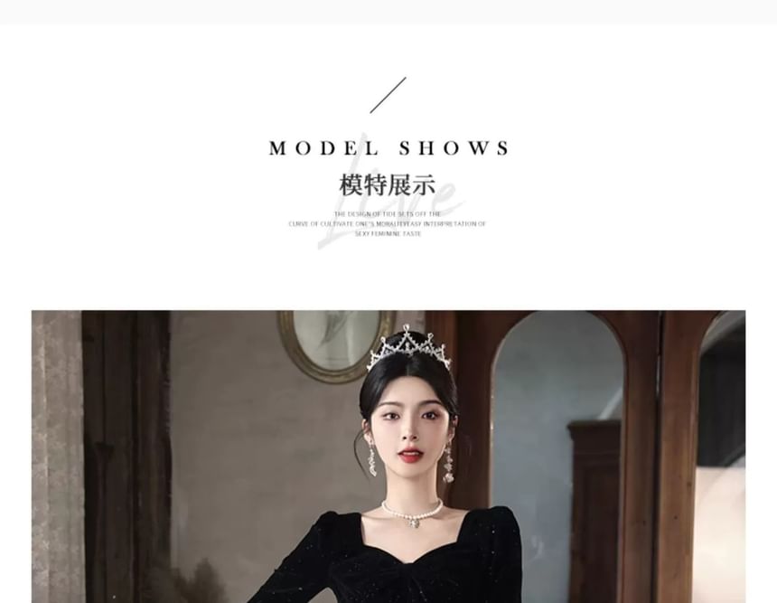 Long-Sleeve  Sweetheart Neck Plain Glitter A-Line Evening Gown