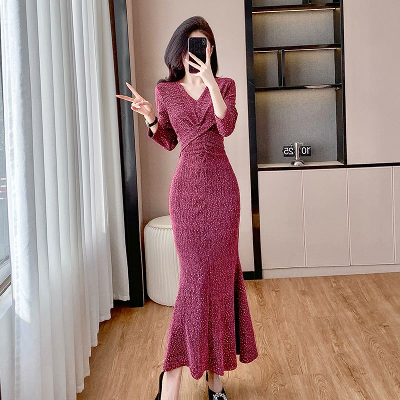 Long Sleeve V-Neck Rhinestone Ruched Floor-Length Mermaid Dress