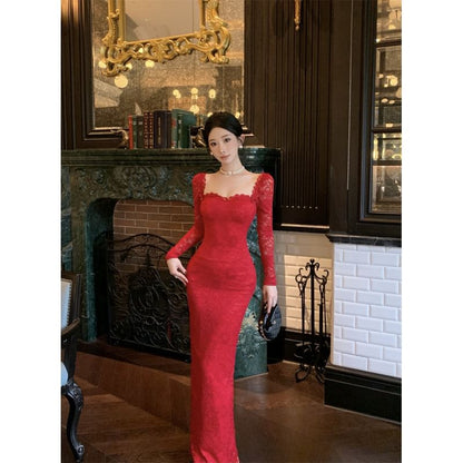 Long Sleeve Square Neck Lace Body-Hugging Maxi Gown