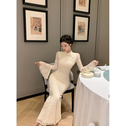Long Sleeve Plain Lace Panel Maxi Qipao