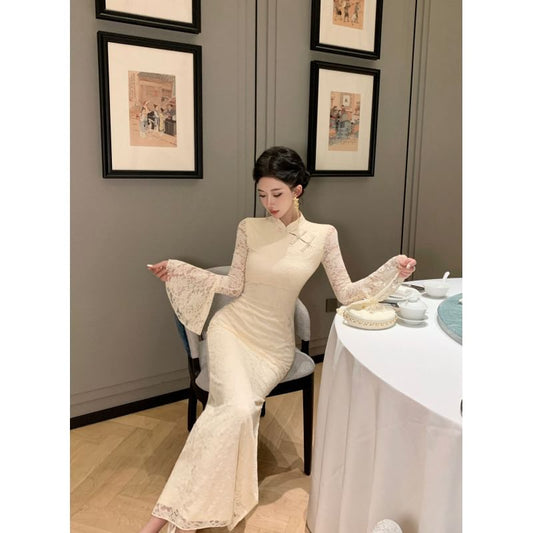 Long Sleeve Plain Lace Panel Maxi Qipao