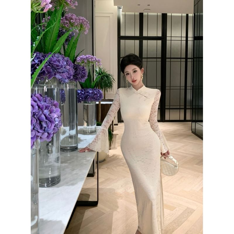 Long Sleeve Plain Lace Panel Maxi Qipao