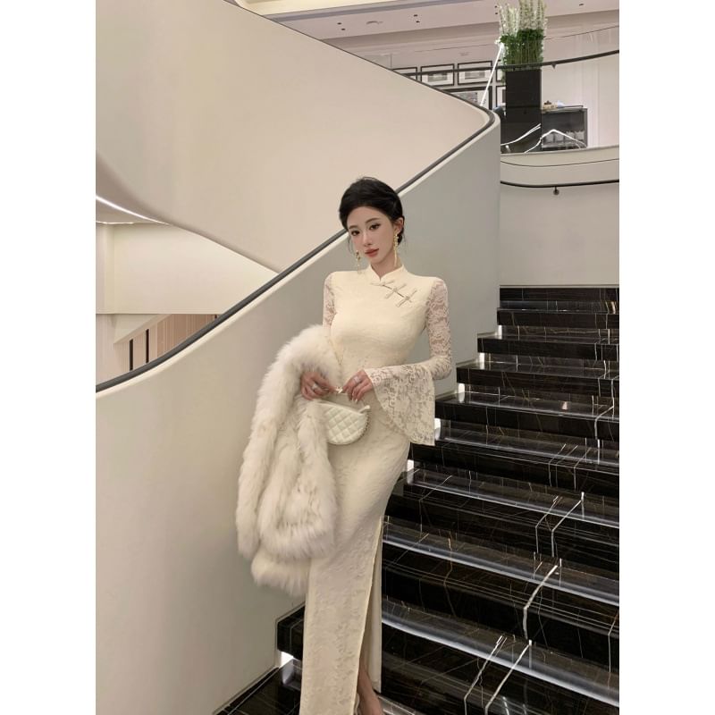 Long Sleeve Plain Lace Panel Maxi Qipao