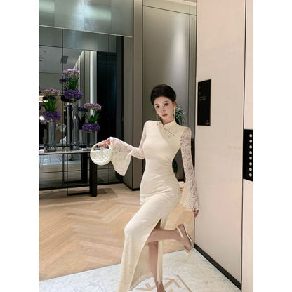 Long Sleeve Plain Lace Panel Maxi Qipao