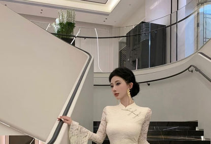 Long Sleeve Plain Lace Panel Maxi Qipao