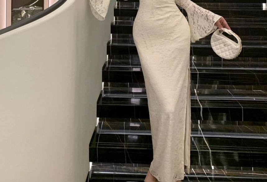 Long Sleeve Plain Lace Panel Maxi Qipao