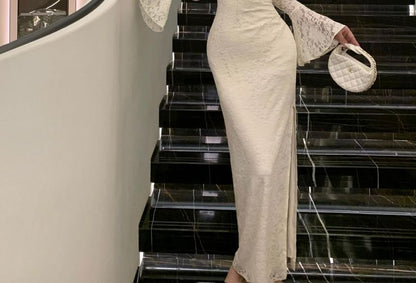 Long Sleeve Plain Lace Panel Maxi Qipao