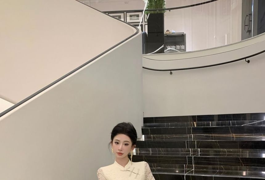 Long Sleeve Plain Lace Panel Maxi Qipao