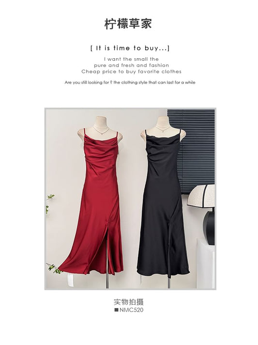 Satin Sleeveless Cowl-Neck Slited Cocktail Dress