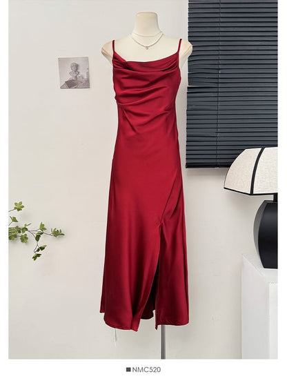 Satin Sleeveless Cowl-Neck Slited Cocktail Dress