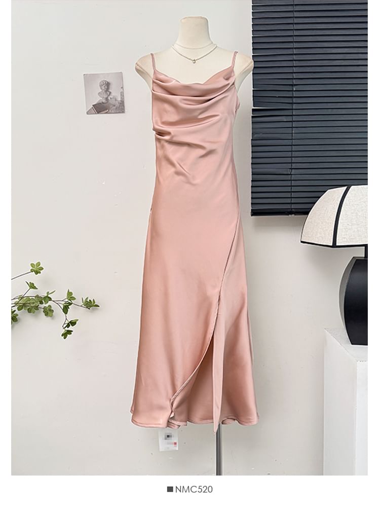 Satin Sleeveless Cowl-Neck Slited Cocktail Dress