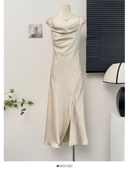 Satin Sleeveless Cowl-Neck Slited Cocktail Dress