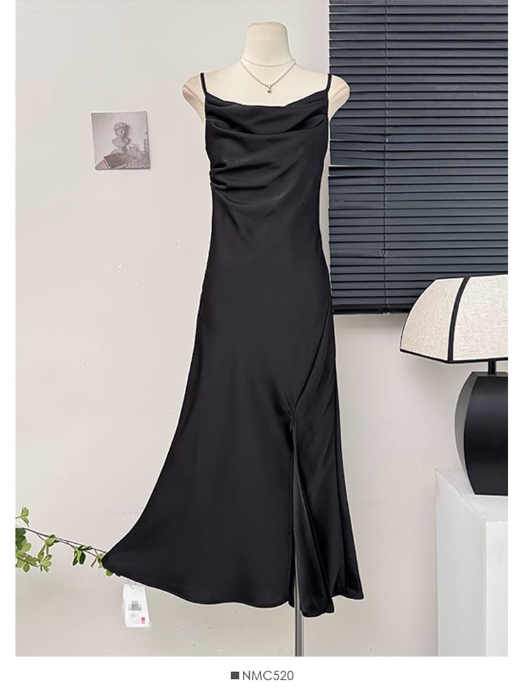Satin Sleeveless Cowl-Neck Slited Cocktail Dress