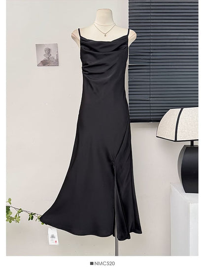 Satin Sleeveless Cowl-Neck Slited Cocktail Dress