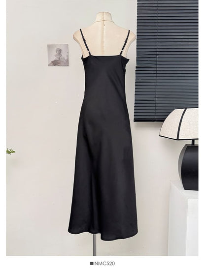 Satin Sleeveless Cowl-Neck Slited Cocktail Dress