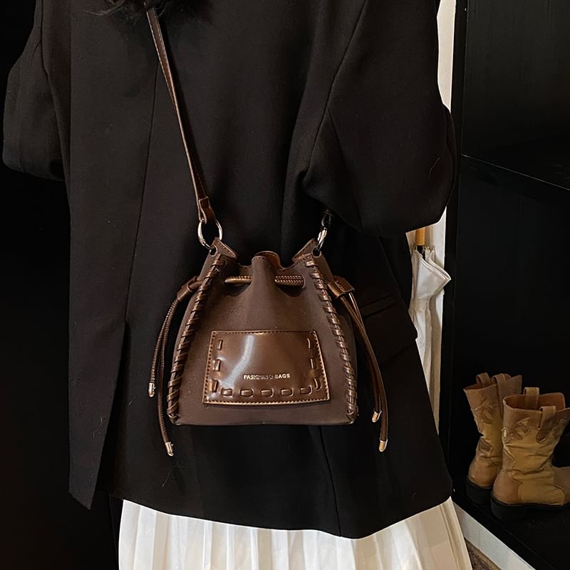 Faux Drawstring Applique Bag Bucket Leather