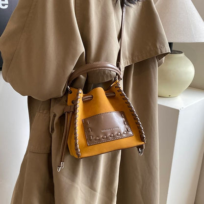 Faux Drawstring Applique Bag Bucket Leather