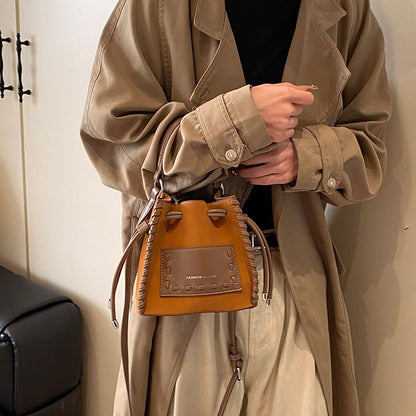 Faux Drawstring Applique Bag Bucket Leather