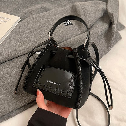 Faux Drawstring Applique Bag Bucket Leather