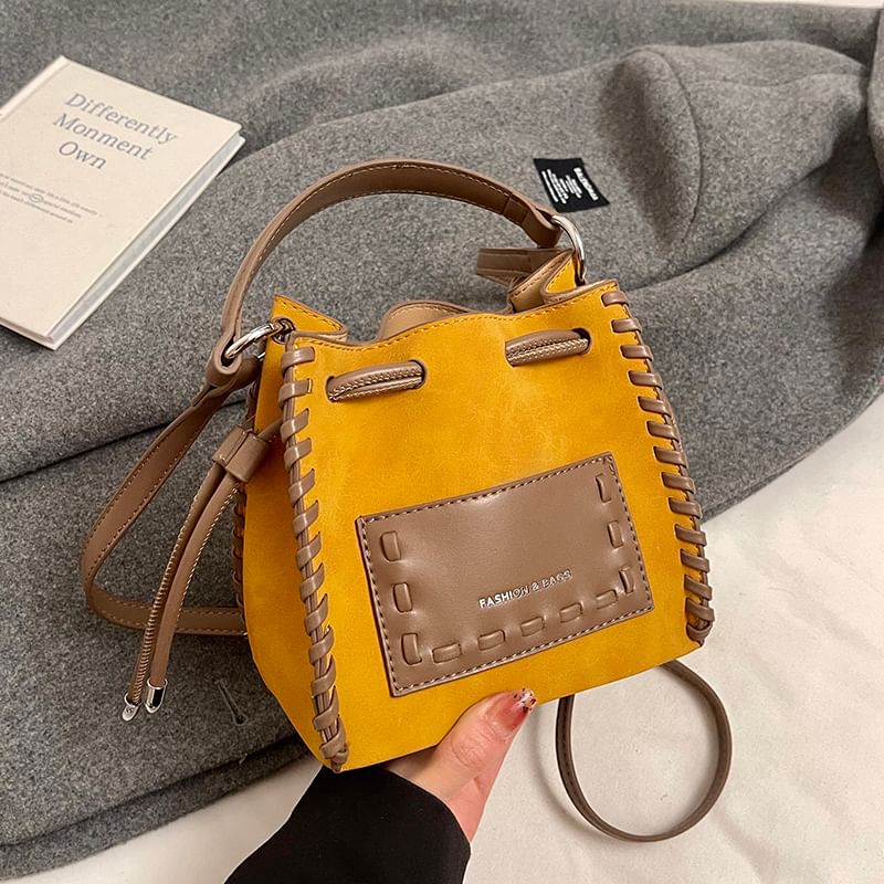 Faux Drawstring Applique Bag Bucket Leather
