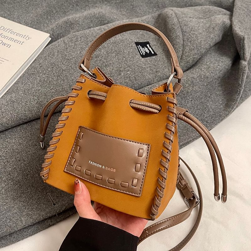 Faux Drawstring Applique Bag Bucket Leather