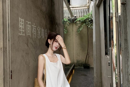 Sleeveless Square Neck Asymmetrical Plain A-Line Maxi Dress