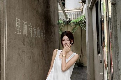 Sleeveless Square Neck Asymmetrical Plain A-Line Maxi Dress