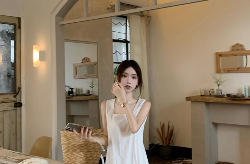 Sleeveless Square Neck Asymmetrical Plain A-Line Maxi Dress