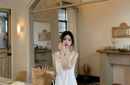 Sleeveless Square Neck Asymmetrical Plain A-Line Maxi Dress