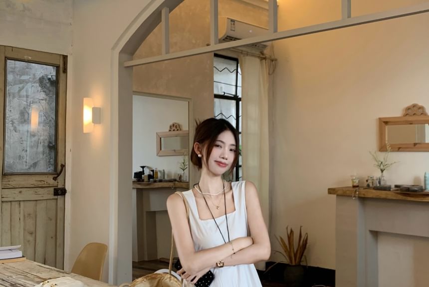 Sleeveless Square Neck Asymmetrical Plain A-Line Maxi Dress