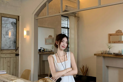 Sleeveless Square Neck Asymmetrical Plain A-Line Maxi Dress