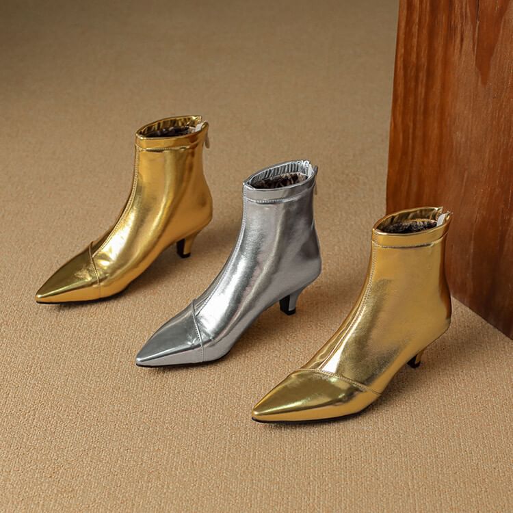 Kitten Heel Pointed Toe Metallic Faux Leather Short Boots