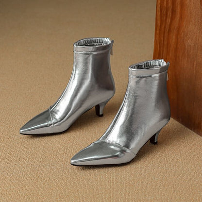 Kitten Heel Pointed Toe Metallic Faux Leather Short Boots