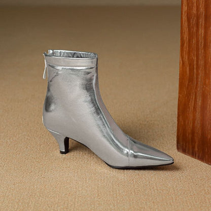Kitten Heel Pointed Toe Metallic Faux Leather Short Boots