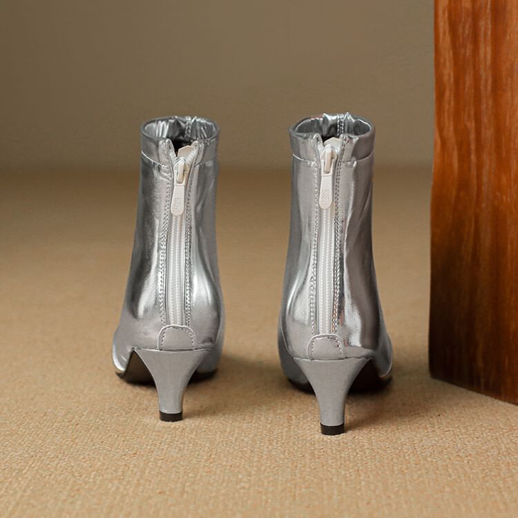 Kitten Heel Pointed Toe Metallic Faux Leather Short Boots