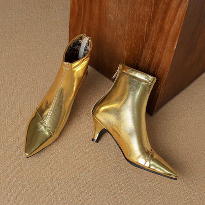Kitten Heel Pointed Toe Metallic Faux Leather Short Boots