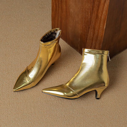 Kitten Heel Pointed Toe Metallic Faux Leather Short Boots