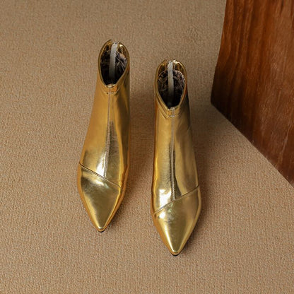 Kitten Heel Pointed Toe Metallic Faux Leather Short Boots