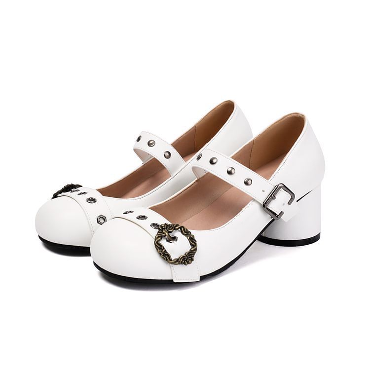 Chunky Heel Studded Buckled Faux Leather Mary Jane Pumps