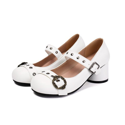 Chunky Heel Studded Buckled Faux Leather Mary Jane Pumps