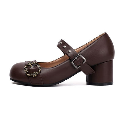 Chunky Heel Studded Buckled Faux Leather Mary Jane Pumps