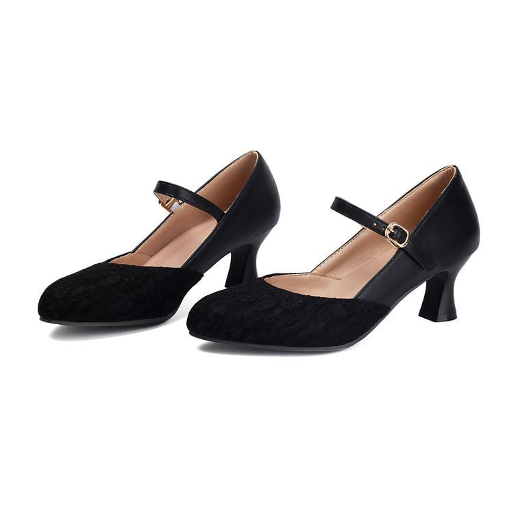 High Heel Lace Panel Buckled Mary Jane Pumps