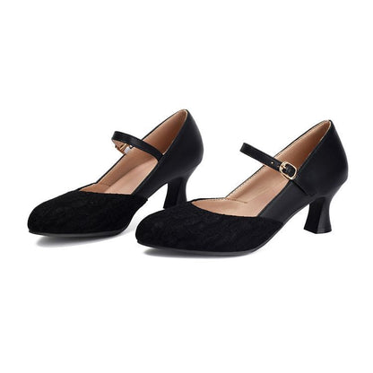 High Heel Lace Panel Buckled Mary Jane Pumps