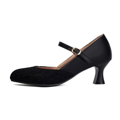High Heel Lace Panel Buckled Mary Jane Pumps