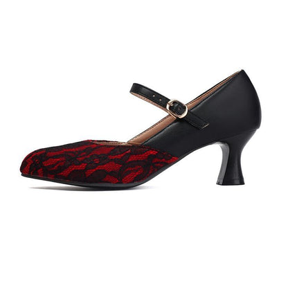 High Heel Lace Panel Buckled Mary Jane Pumps