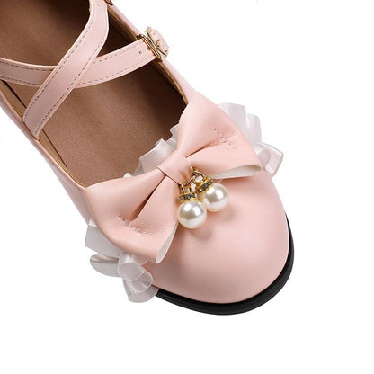 Chunky Heel Ankle Strap Faux Pearl Bow Frill Trim Mary Jane Pumps