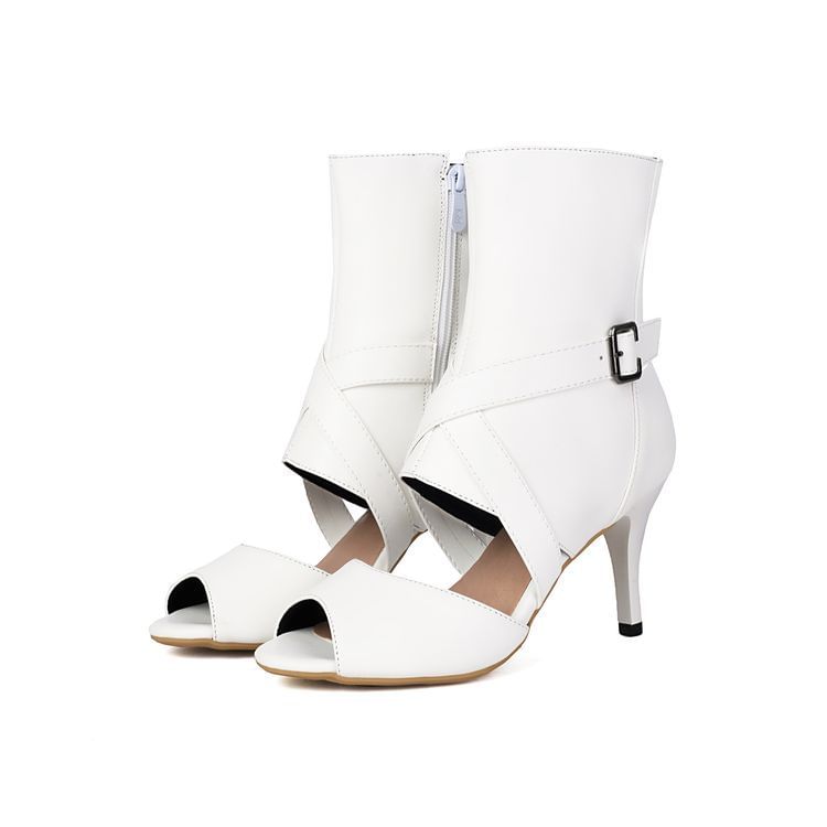 Stiletto Peep Toe Plain Buckled Faux Leather Short Boots